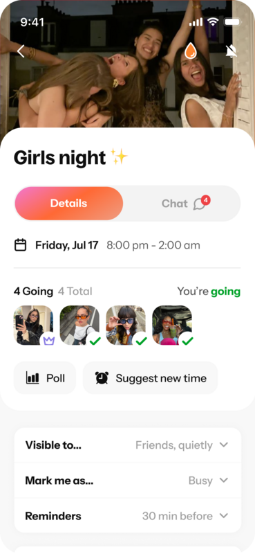 The plan page for Howbout, the shared calendar app for keeping up with friends. Make plans, see availability, and actually find time together.